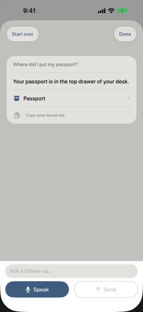 Ask Recall answering: your passport is in the top drawer of your desk
