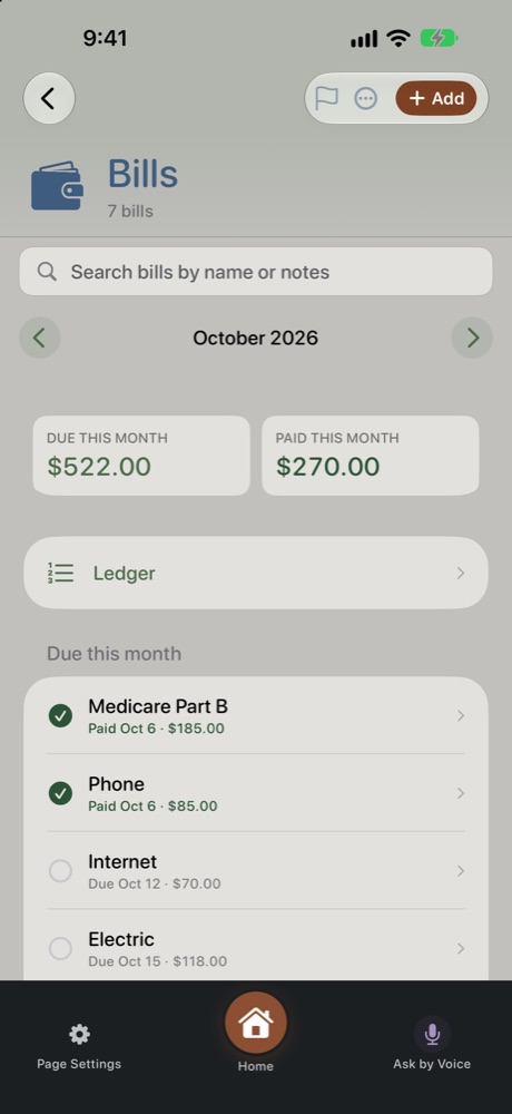 Bills showing what's due and paid this month